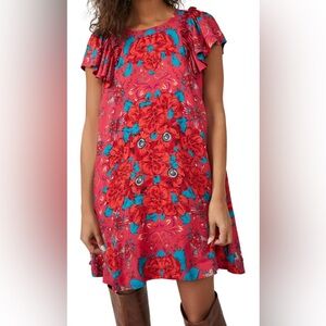 Free People Yara boho Beachy brightly colored mini dress. Pink & blue. Sz small.